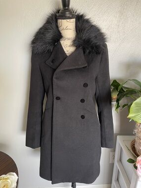 H&M Black Faux Fur Collar Coat Double Breasted Tailored Winter Coat Size 4